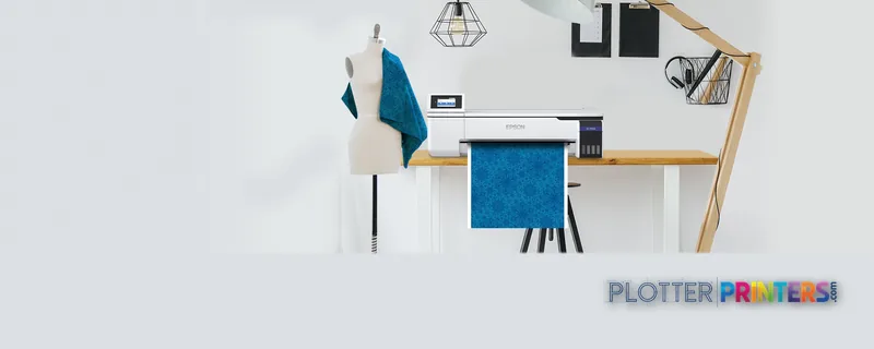 Epson SureColor SC-F500 large format printer in white, positioned on a desk outputting blue fabric