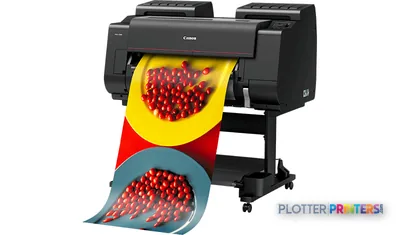 Canon imagePROGRAF PRO-2100 large format printer product image showing black inkjet printer with colorful test print output