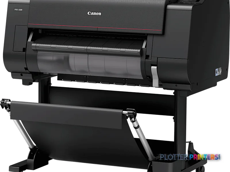 Canon imagePROGRAF PRO-2100 large format printer product image showing black inkjet device on stand