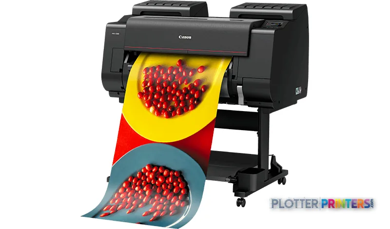 Canon imagePROGRAF PRO-2100 large format printer product image showing black inkjet printer with colorful test print output