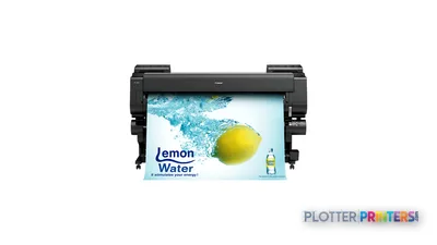 Canon imagePROGRAF PRO-6100S large format printer product image showing black inkjet printer with colorful lemon water adver…