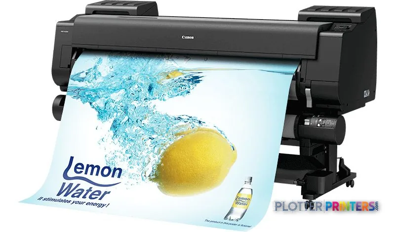 Canon imagePROGRAF PRO-6100S large format printer product image showing black inkjet printer with lemon water beverage adver…