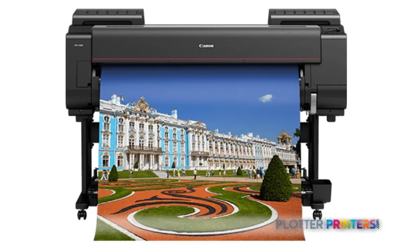Canon imagePROGRAF PRO-4100 large format printer product image showing the device printing a vibrant architectural photograph