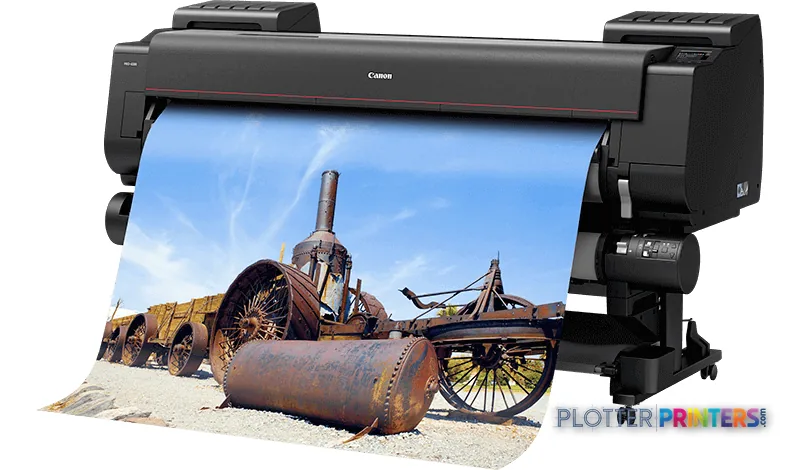 Canon PRO-6100 large format printer product image showing black inkjet printer with blue paper output displaying landscape p…