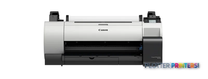 Canon imagePROGRAF TA-20 large format printer product image showing front view with white and black body