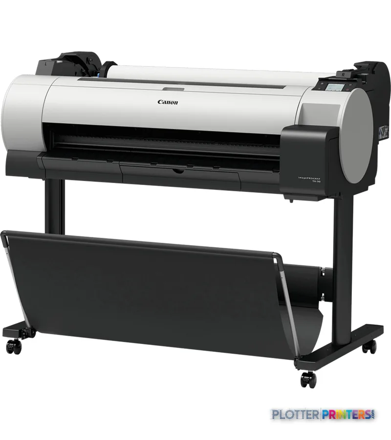 Canon imagePROGRAF TA-30 large format printer product image showing white and black inkjet printer on stand with output tray
