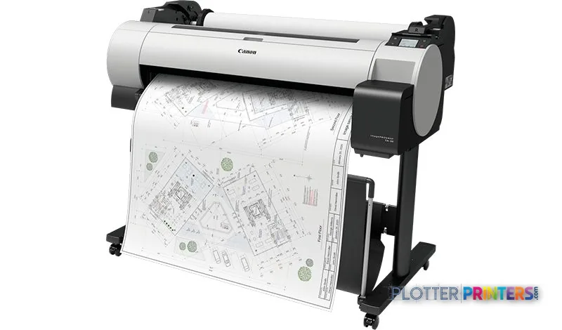 Canon imagePROGRAF TA-30 large format printer product image showing white and black inkjet printer with architectural bluepr…