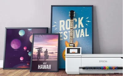 Epson SureColor SC-T3100x white large-format printer displaying vibrant printed posters