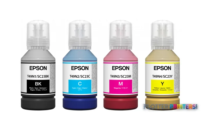 Epson SureColor SC-T3100x ink bottles in black, cyan, magenta, and yellow