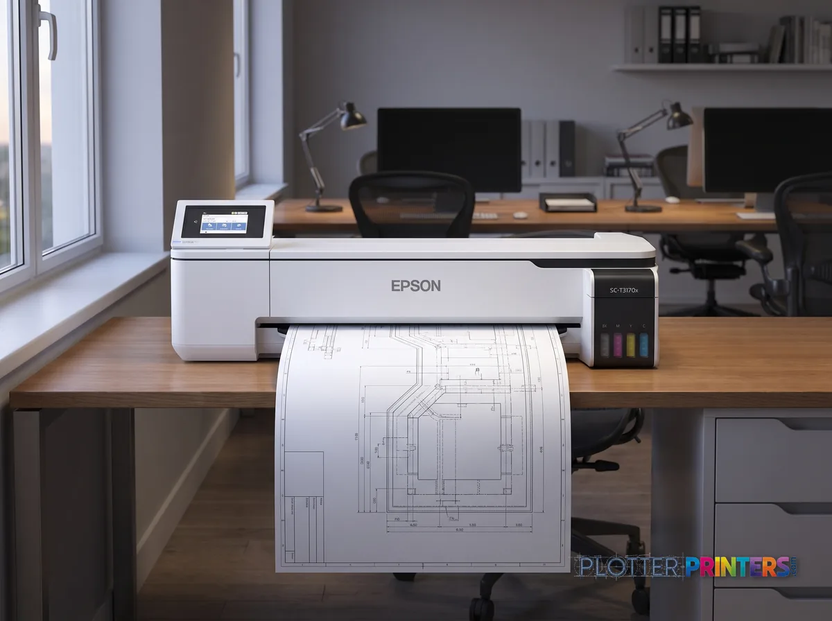 Epson SureColor T3170x 24-in Wireless Printer in an engineering office with a technical drawing at its print slot (staged scene from manufacturer product photography)