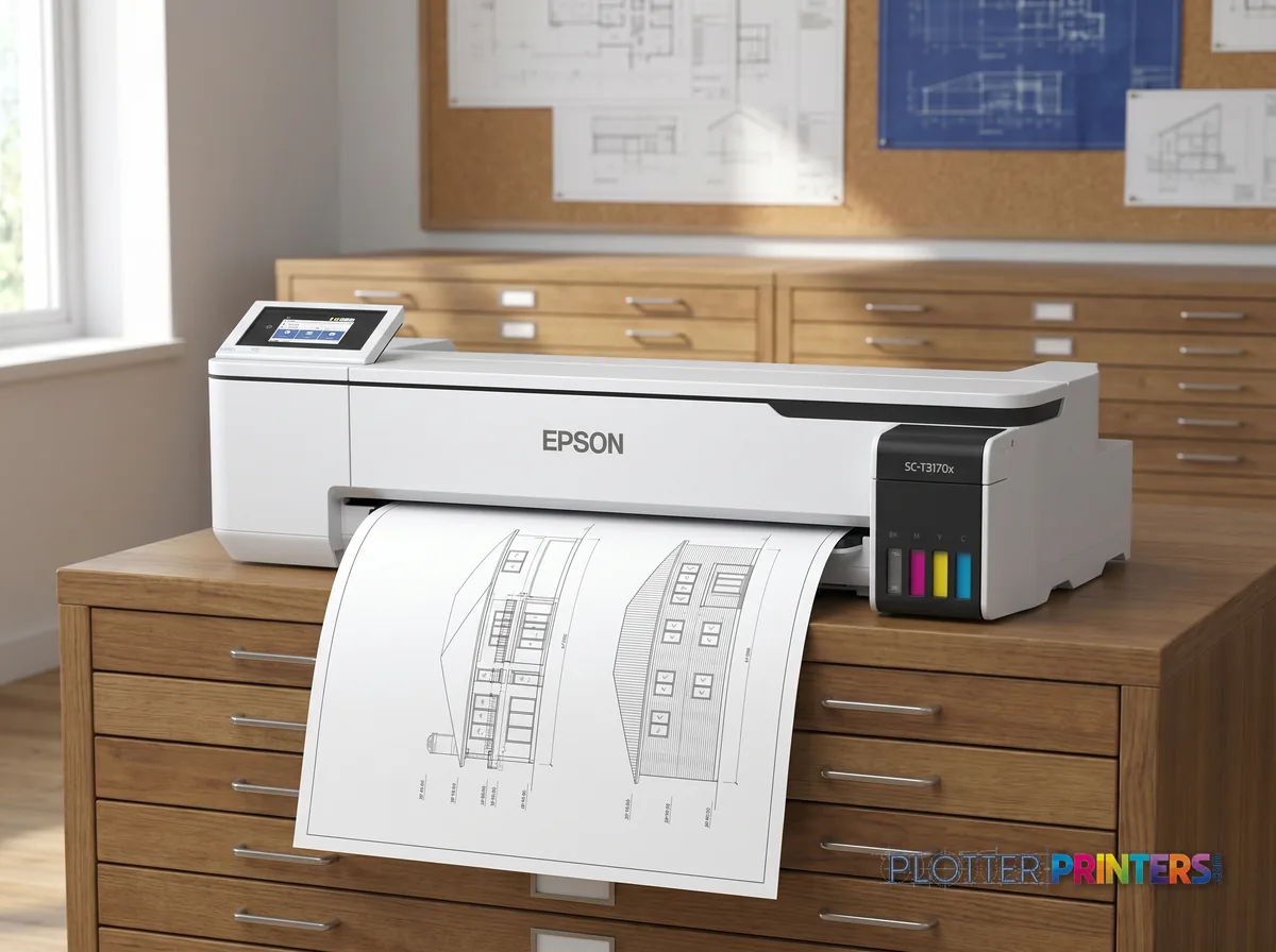 Epson SureColor T3170x 24-in Wireless Printer in a plan room beside flat-file drawers, printing a CAD elevation (staged scene from manufacturer product photography)