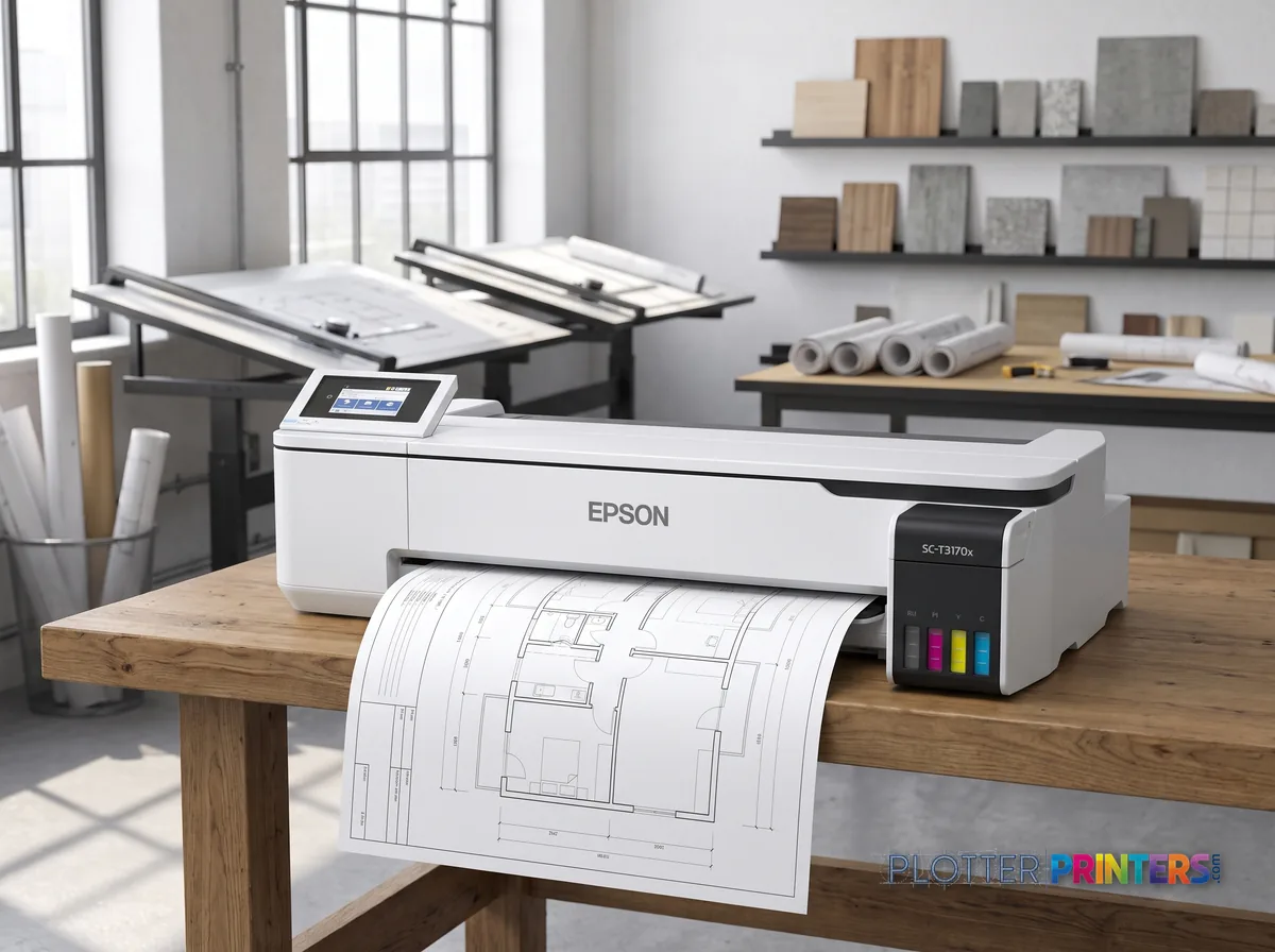Epson SureColor T3170x 24-in Wireless Printer in a bright architecture studio, printing a large floor plan (staged scene from manufacturer product photography)