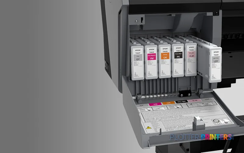Epson SureColor SC-P9500 product image showing open ink cartridge bay with multiple color ink cartridges installed