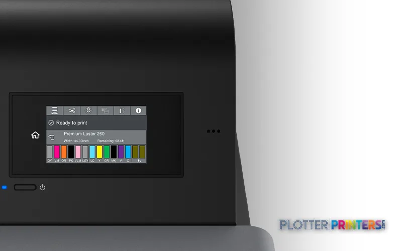 Epson SureColor SC-P9500 front view showing control panel display with status and ink color options