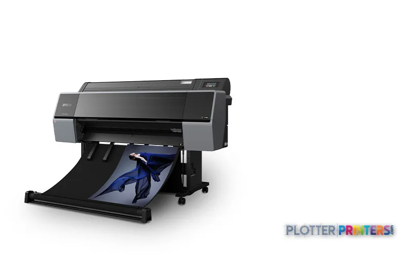 Epson SureColor SC-P9500 large format printer product image showing black and grey inkjet printer with output tray extended