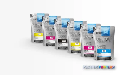 Epson SC-F9400H ink cartridges in various colors arranged in a row