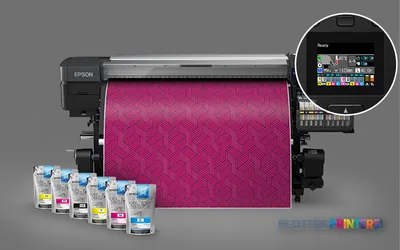 Epson SureColor SC-F9400H large format printer product image showing black printer with magenta patterned output and ink car…
