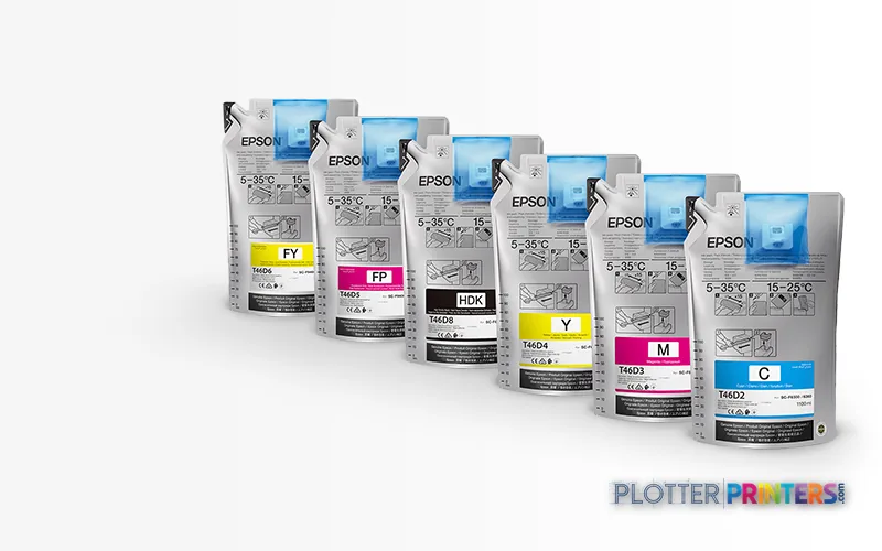 Epson SC-F9400H ink cartridges in various colors arranged in a row