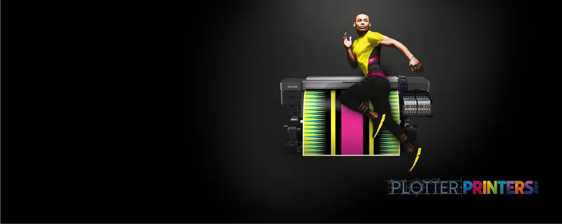 Epson SureColor SC-F9400H large format printer product image showing black inkjet printer with colorful print sample
