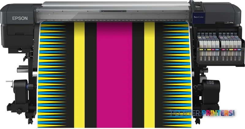 Epson SureColor SC-F9400H large format inkjet printer with colorful test print displayed