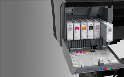Epson SureColor SC-P7500 Spectro product image showing open ink cartridge bay with multiple colored ink tanks installed