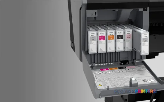 Epson SureColor SC-P7500 Spectro product image showing open ink cartridge bay with multiple colored ink tanks installed