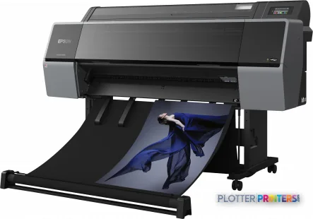 Epson SureColor SC-P9500 product image showing large-format printer with blue fabric print output