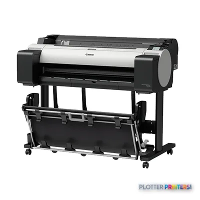 Canon imagePROGRAF TM-305 large format printer front-left view showing white and black thermal inkjet unit on stand