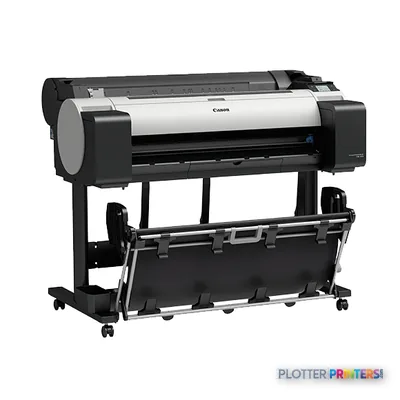 Canon imagePROGRAF TM-305 large format printer front-right view showing white and black thermal inkjet printer on stand