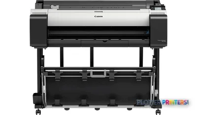 Canon imagePROGRAF TM-305 large format printer front view showing black and white thermal inkjet device with paper feed