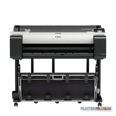 Canon imagePROGRAF TM-305 large format printer product image showing front view with white and black chassis on stand
