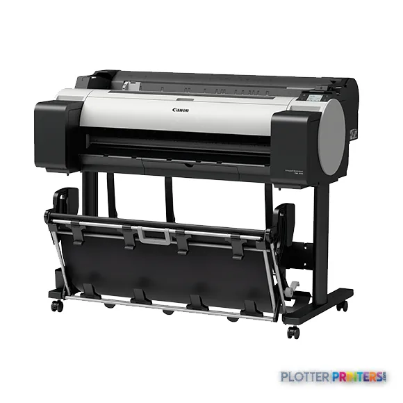 Canon imagePROGRAF TM-305 large format printer front-left view showing white and black thermal inkjet unit on stand