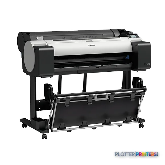 Canon imagePROGRAF TM-305 large format printer front-right view showing white and black thermal inkjet printer on stand