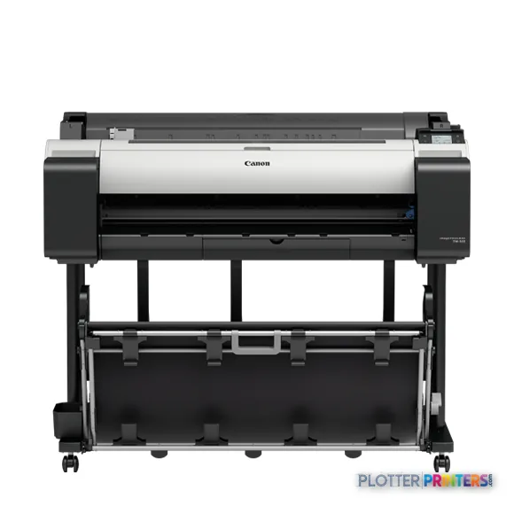 Canon imagePROGRAF TM-305 large format printer product image showing front view with white and black chassis on stand