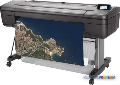 HP DesignJet Z6dr 44-in PostScript Printer front-left view with aerial map print output