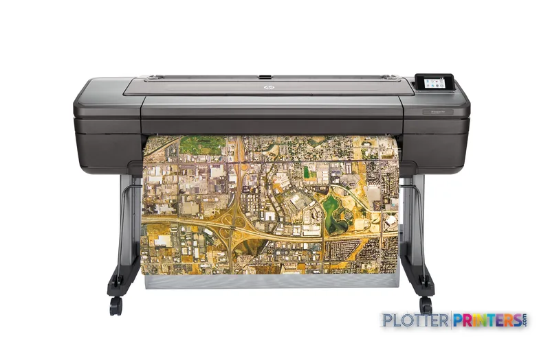 HP DesignJet Z6dr 44-in PostScript Printer front view with aerial map print output