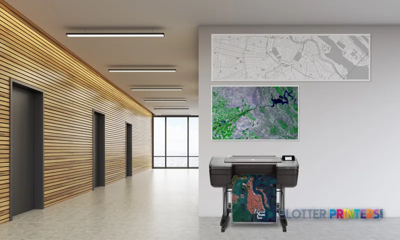 HP DesignJet Z6dr 44-in PostScript Printer with V-Trimmer in a modern office setting, printing a colorful map