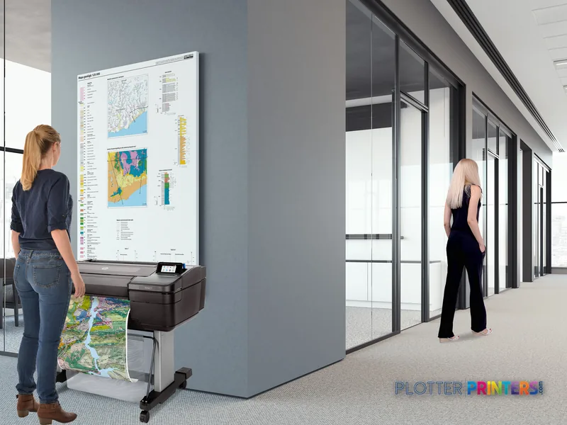 HP DesignJet Z6dr 44-in PostScript Printer lifestyle image showing the printer in an office setting with a large format map…