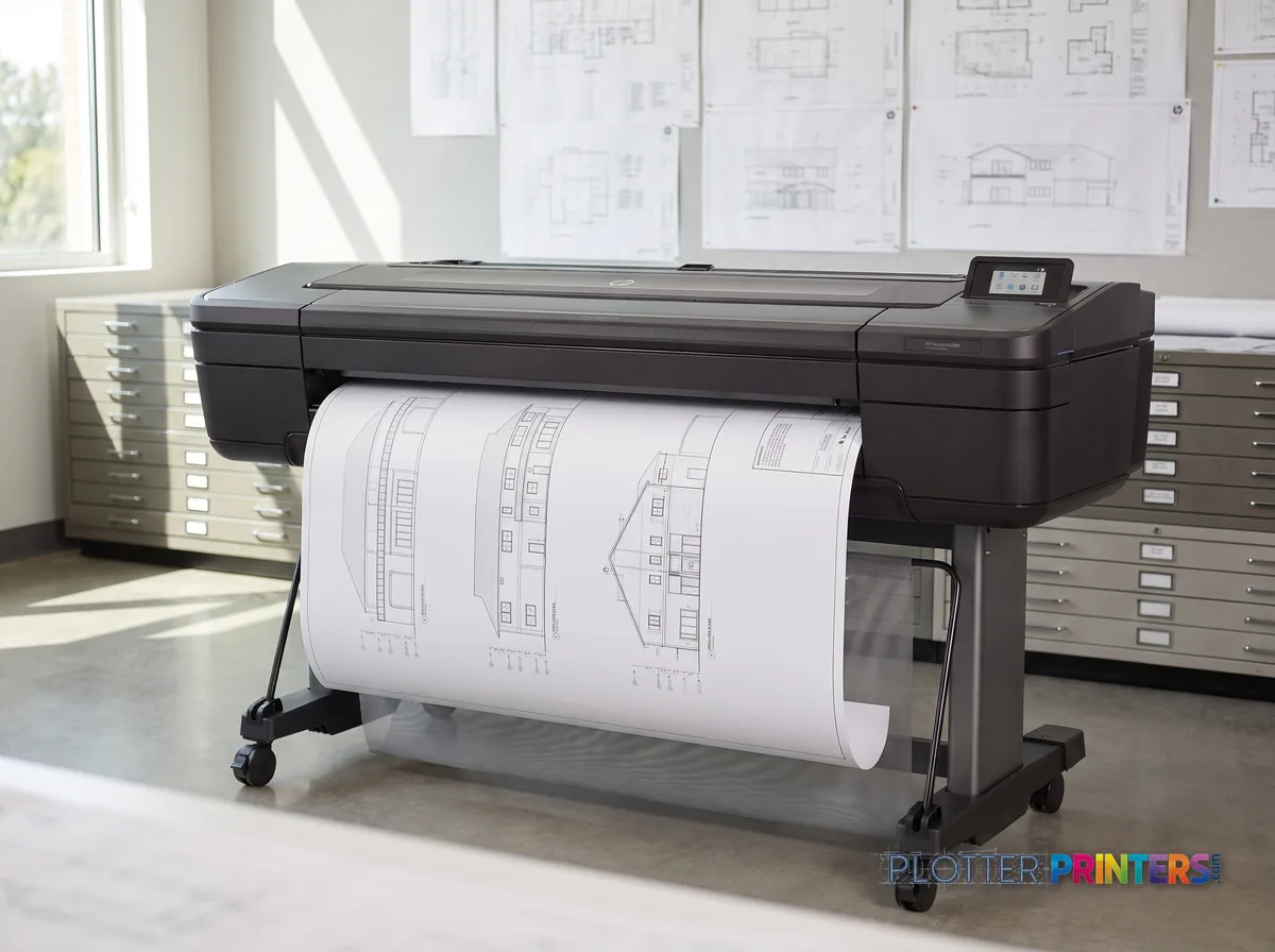 HP DesignJet Z6dr 44-in PostScript Printer with V-Trimmer in a plan room beside flat-file drawers, printing a CAD elevation (staged scene from manufacturer product photography)