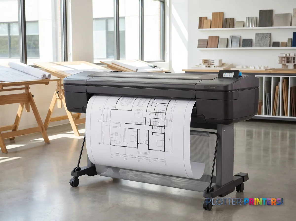HP DesignJet Z6dr 44-in PostScript Printer with V-Trimmer in a bright architecture studio, printing a large floor plan (staged scene from manufacturer product photography)