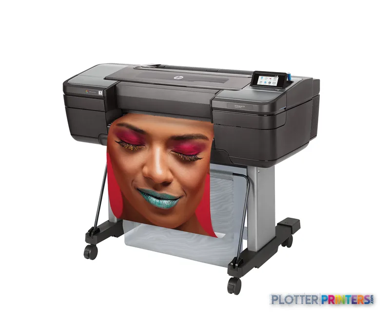 HP DesignJet Z9+ 24-in PostScript Printer front-left view with vibrant color portrait output