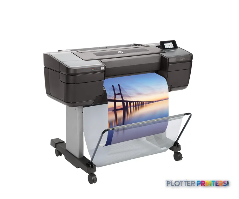 HP DesignJet Z9+ 24-in PostScript Printer front-right view with sample landscape photo output