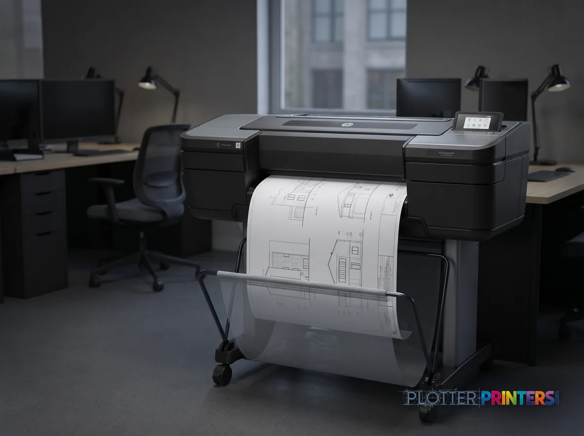 HP DesignJet Z9+ 24-in PostScript Printer in an engineering office with a technical drawing at its print slot (staged scene from manufacturer product photography)