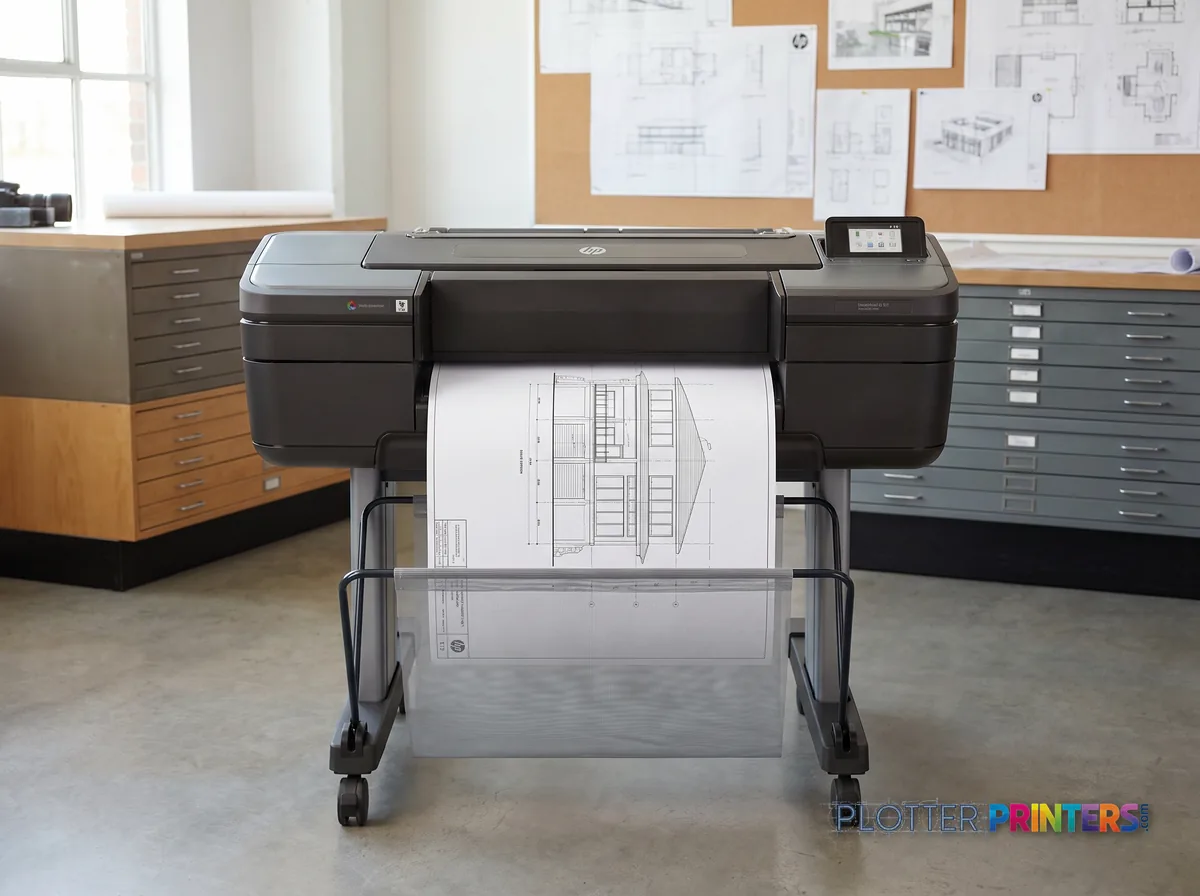 HP DesignJet Z9+ 24-in PostScript Printer in a plan room beside flat-file drawers, printing a CAD elevation (staged scene from manufacturer product photography)