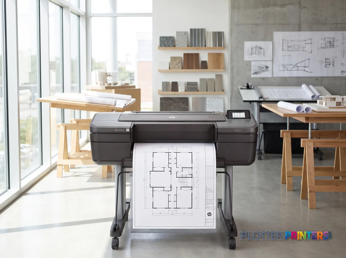 HP DesignJet Z9+ 24-in PostScript Printer in a bright architecture studio, printing a large floor plan (staged scene from manufacturer product photography)