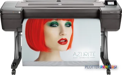 HP DesignJet Z9+dr 44-in PostScript Printer front view with color portrait print sample