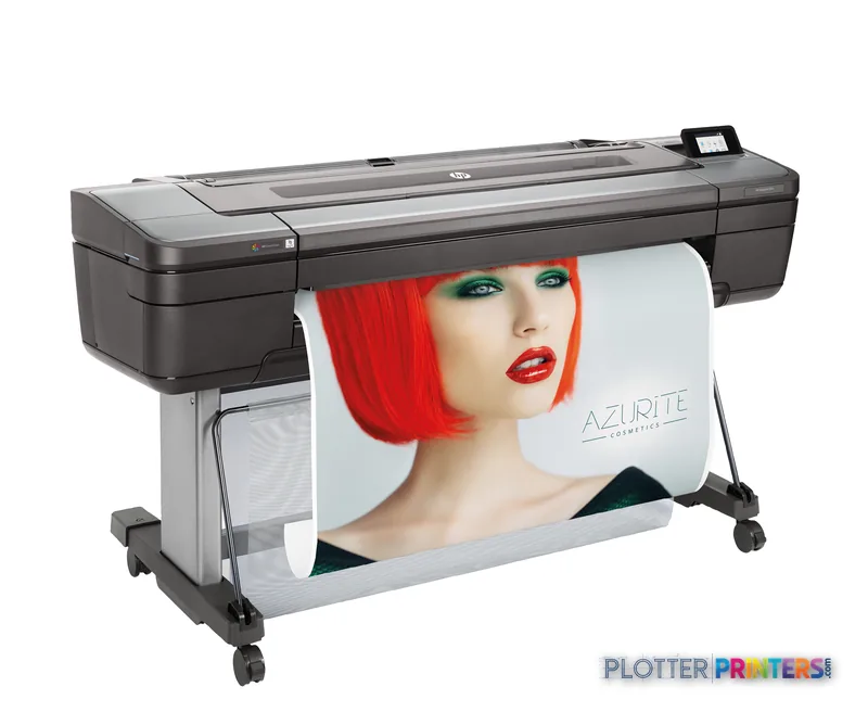 HP DesignJet Z9+dr 44-in PostScript Printer front-right view with sample print output