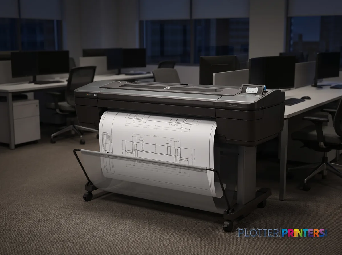 HP DesignJet Z9+dr 44-in PostScript Printer with V-Trimmer in an engineering office with a technical drawing at its print slot (staged scene from manufacturer product photography)