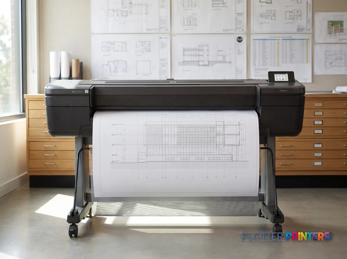 HP DesignJet Z9+dr 44-in PostScript Printer with V-Trimmer in a plan room beside flat-file drawers, printing a CAD elevation (staged scene from manufacturer product photography)