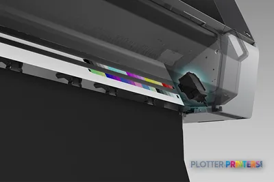 Epson SureColor P7570 product image showing the printer's front with output tray extended and color test print visible